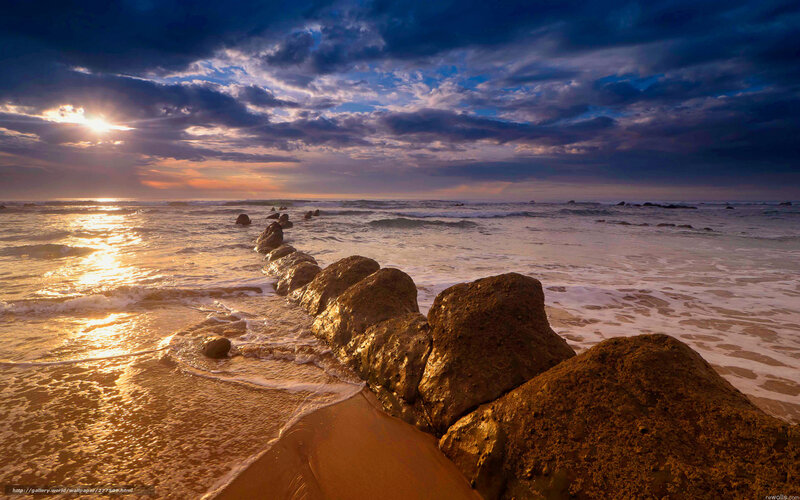 Rocks on Beach at Sunset — Blue, Dramatic, Photograph, Ocean, Clouds, Sun