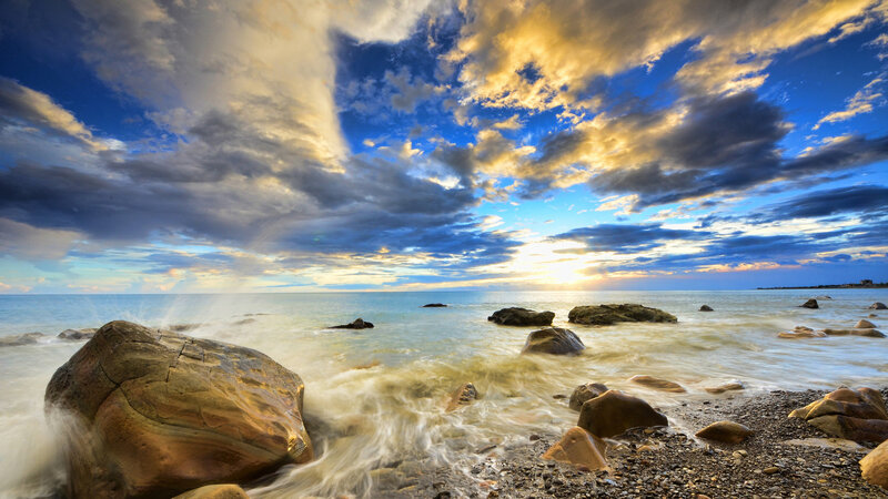 Rocks on Beach at Sunset — Blue, Dramatic, Photograph, Ocean, Clouds