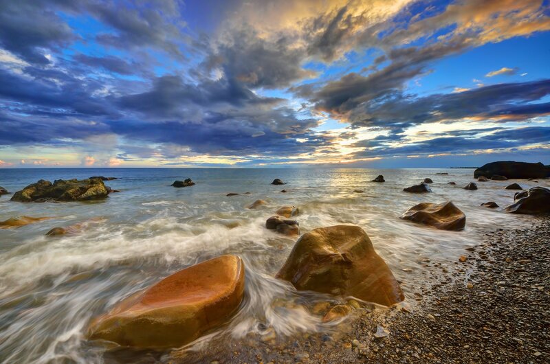 Rocks on Beach at Sunset — Blue, Dramatic, Photograph, Ocean, Sky, Clouds, Orange