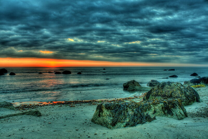 Rocks on Beach at Sunset — Blue, Dramatic, Photograph, Ocean, Sky, Clouds