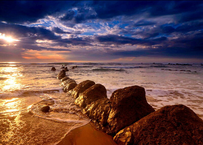 Rocks on Beach at Sunset — Blue, Dramatic, Photograph, Ocean, Sky, Sun
