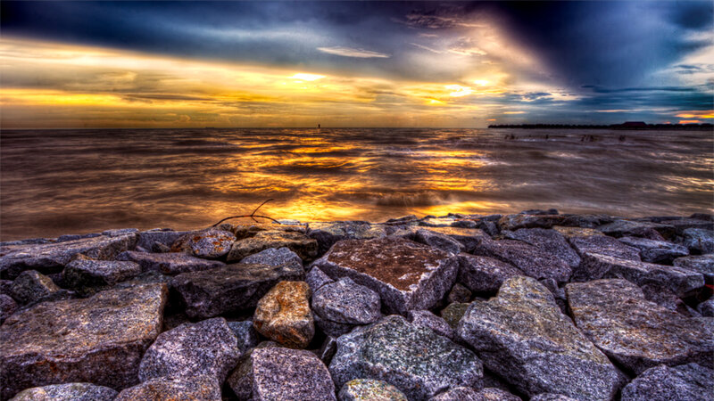 Rocks on Beach at Sunset — Blue, Dramatic, Photograph, Ocean