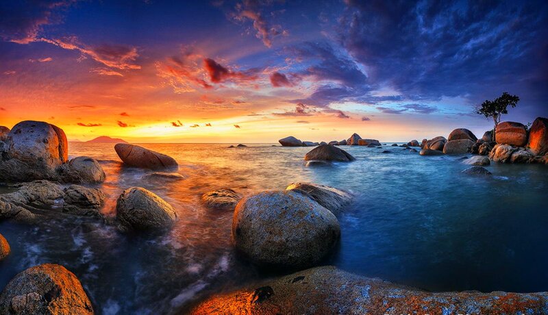 Rocks on Beach at Sunset — Blue, Dramatic, Photograph, Sky, Ocean