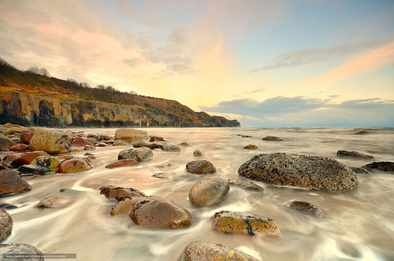Rocks on Beach at Sunset — Blue, Serene, Photograph, Cliffs