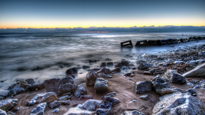 Rocks on Beach at Sunset — Blue, Serene, Photograph, Ocean, Sky, Clouds