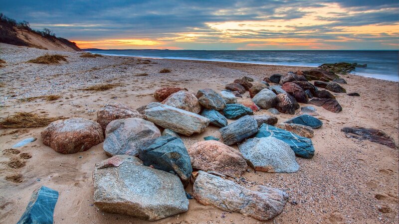 Rocks on Beach at Sunset — Blue, Serene, Photograph, Ocean, Sky, Dunes