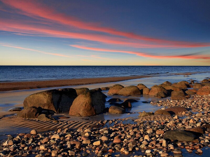 Rocks on Beach at Sunset — Blue, Serene, Photograph, Ocean, Sky, Sand, Pink