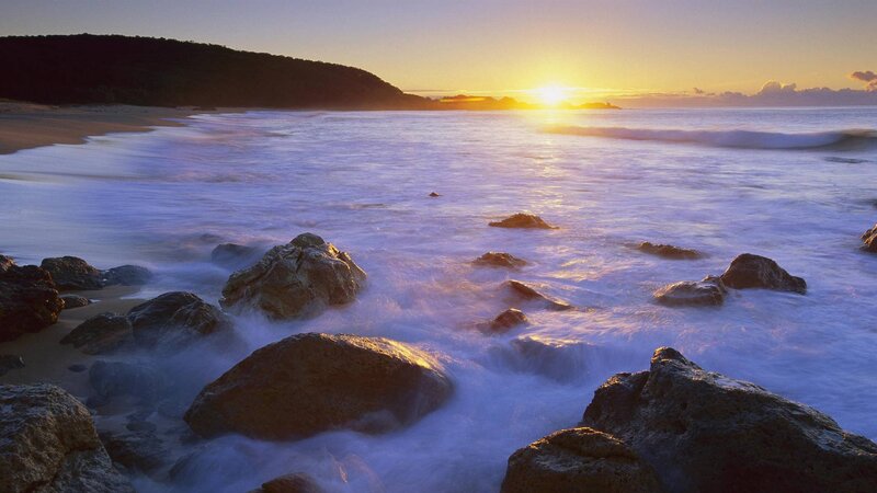 Rocks on Beach at Sunset — Blue, Serene, Photograph, Ocean
