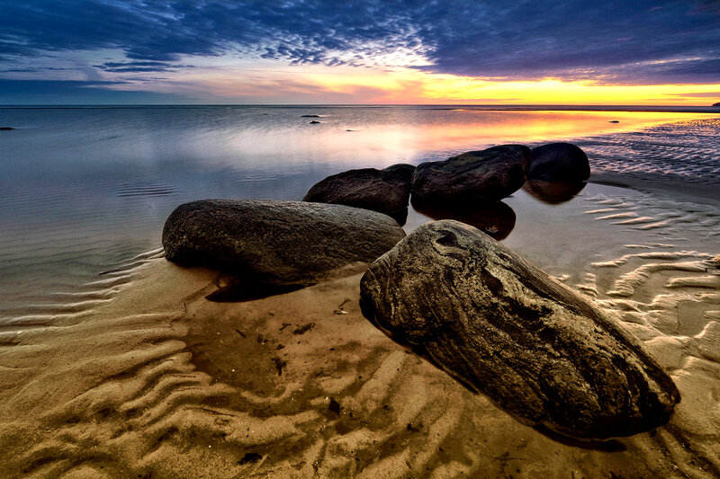 Rocks on Beach at Sunset — Blue, Serene, Photograph, Sand