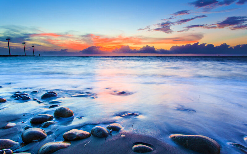 Rocks on Beach at Sunset — Blue, Serene, Photograph
