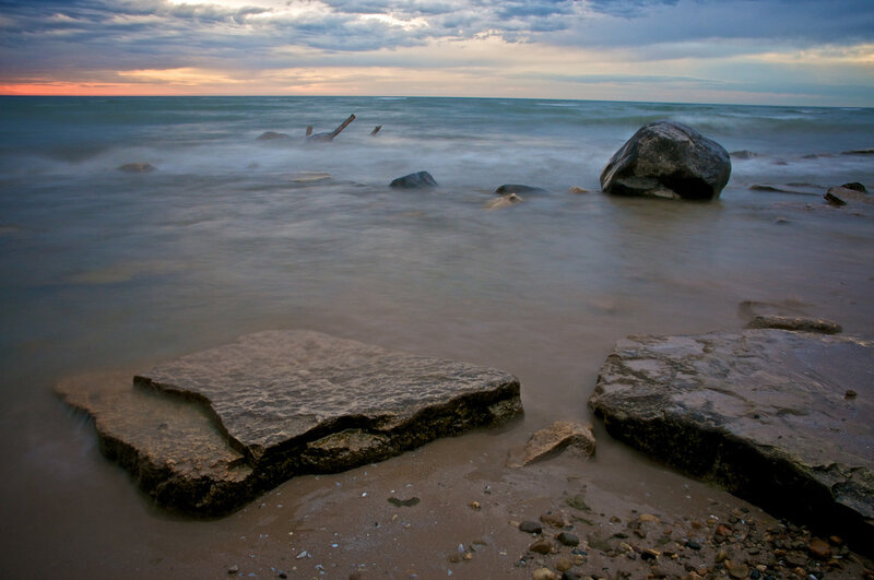Rocks on Beach at Sunset — Blue