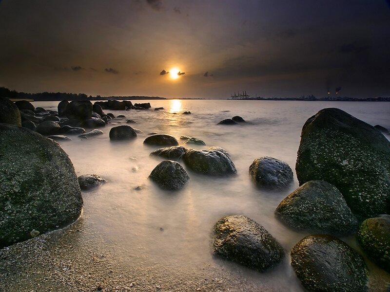 Rocks on Beach at Sunset — Gray, Serene