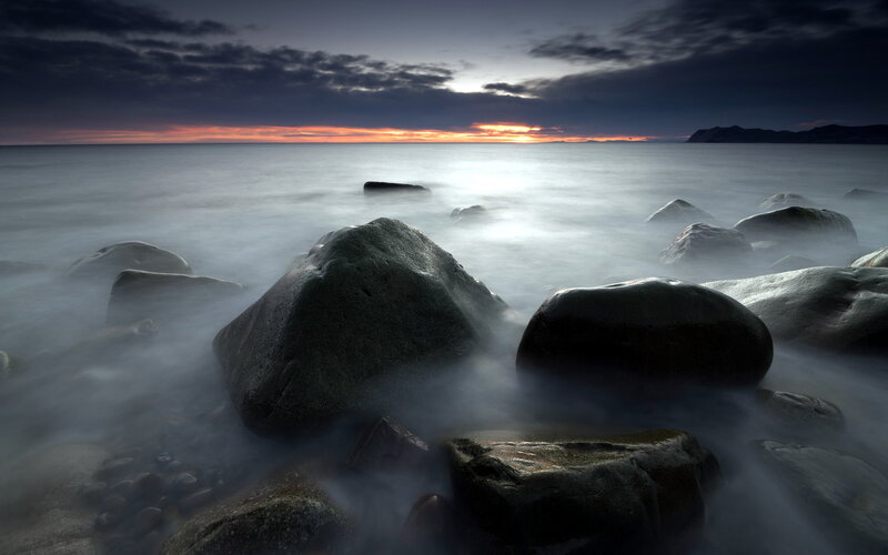 Rocks on Beach at Sunset — Gray