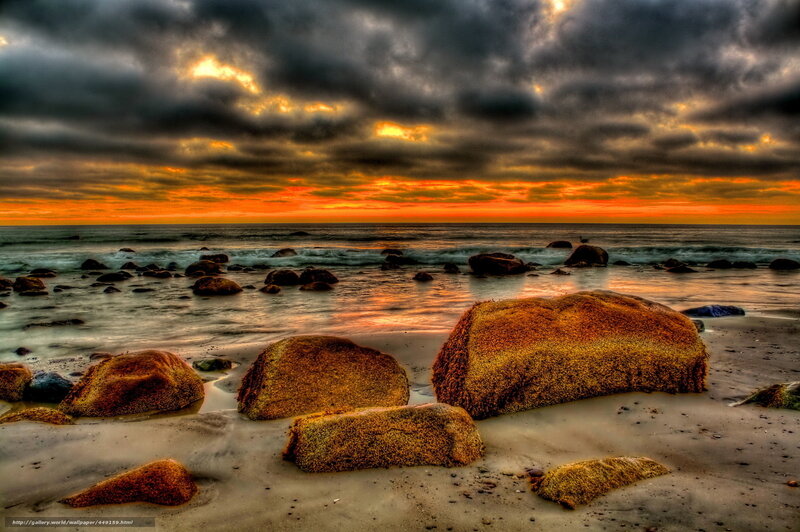 Rocks on Beach at Sunset — Orange, Dramatic, Photograph, Ocean, Clouds, Sand
