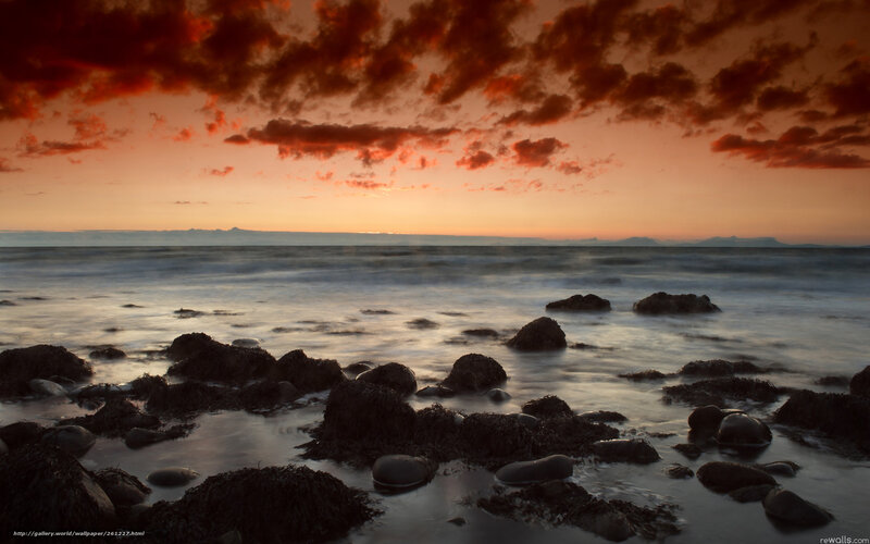 Rocks on Beach at Sunset — Orange, Dramatic, Photograph, Ocean, Clouds, Sky