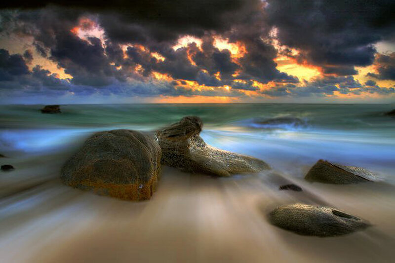 Rocks on Beach at Sunset — Orange, Dramatic, Photograph, Ocean, Clouds