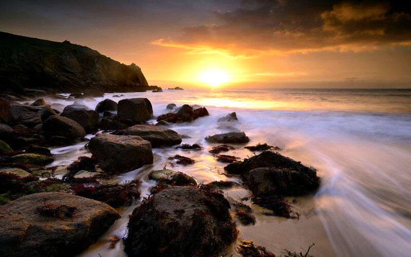Rocks on Beach at Sunset — Orange, Dramatic, Photograph, Ocean, Sky, Cliff