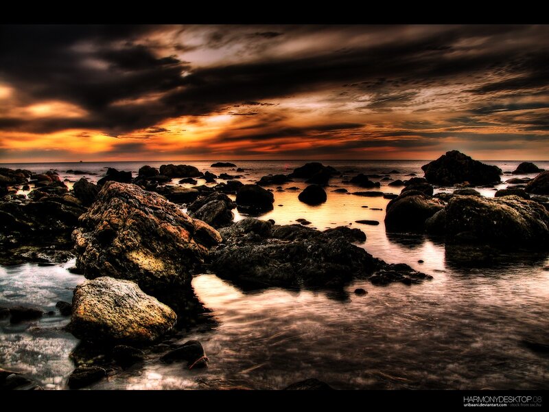 Rocks on Beach at Sunset — Orange, Dramatic, Photograph, Ocean, Sky, Clouds, Black