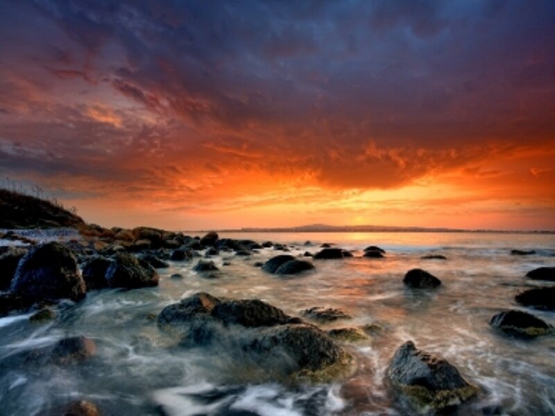 Rocks on Beach at Sunset — Orange, Dramatic, Photograph, Ocean, Sky, Clouds