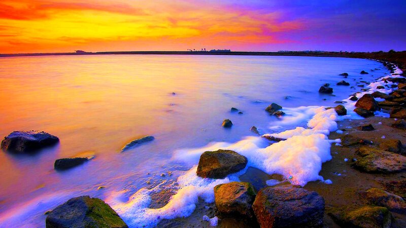 Rocks on Beach at Sunset — Orange, Dramatic, Photograph, Ocean, Sky, Foam