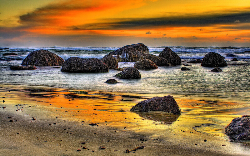 Rocks on Beach at Sunset — Orange, Dramatic, Photograph, Ocean, Sky, Sand