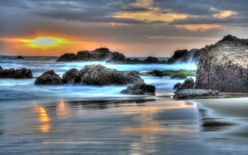 Rocks on Beach at Sunset — Orange, Dramatic, Photograph, Ocean, Sky, Sun