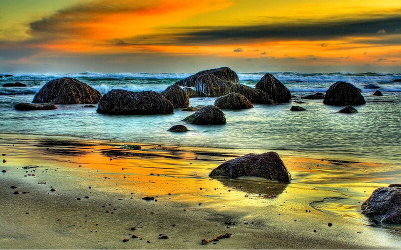 Rocks on Beach at Sunset — Orange, Dramatic, Photograph, Ocean