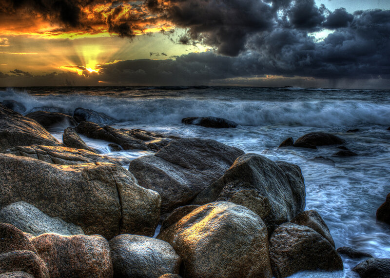 Rocks on Beach at Sunset — Orange, Dramatic, Photograph, Ocean, Waves
