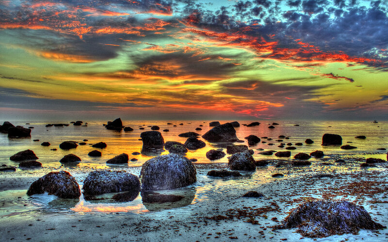 Rocks on Beach at Sunset — Orange, Dramatic, Photograph, Sea