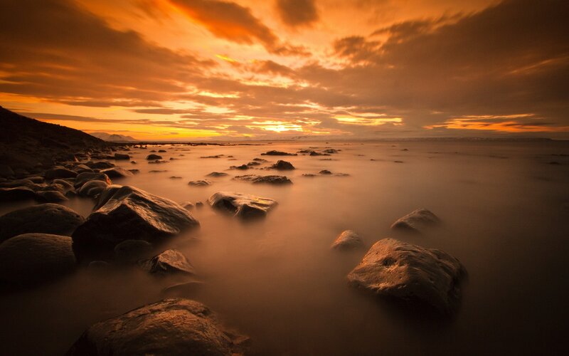 Rocks on Beach at Sunset — Orange, Dramatic, Photograph, Sky, Clouds