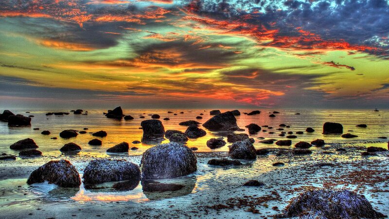 Rocks on Beach at Sunset — Orange, Dramatic, Photograph, Sky, Ocean, Seaweed