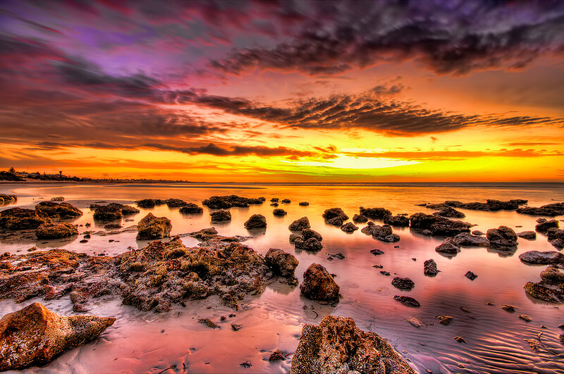 Rocks on Beach at Sunset — Orange, Dramatic, Photograph, Sky, Ocean