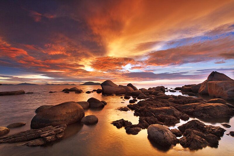 Rocks on Beach at Sunset — Orange, Dramatic, Photograph, Sky