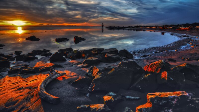 Rocks on Beach at Sunset — Orange, Dramatic, Photograph, Sun, Driftwood