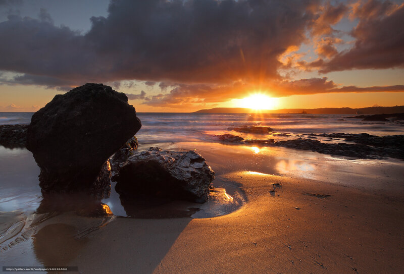 Rocks on Beach at Sunset — Orange, Dramatic, Photograph, Sun, Ocean, Clouds