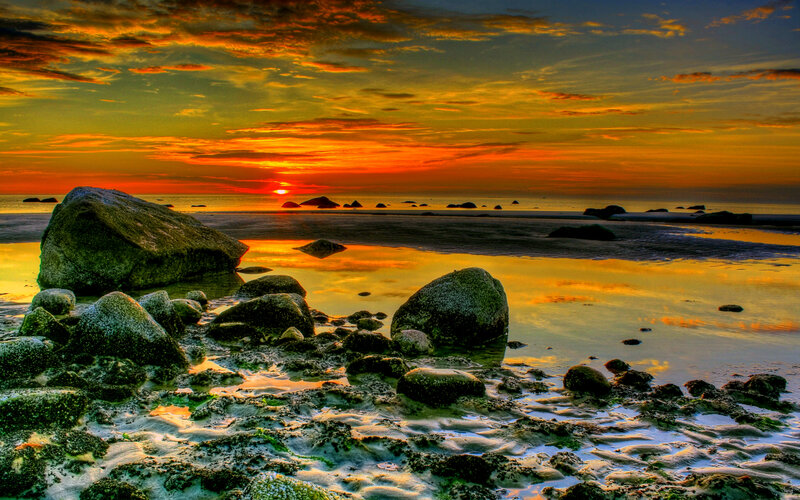 Rocks on Beach at Sunset — Orange, Dramatic, Photograph, Sun, Ocean, Sky