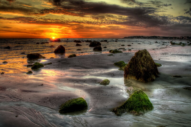 Rocks on Beach at Sunset — Orange, Dramatic, Photograph, Sun, Ocean