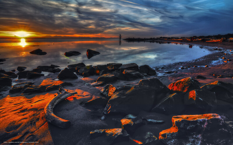 Rocks on Beach at Sunset — Orange, Dramatic, Photograph, Sun, Sea