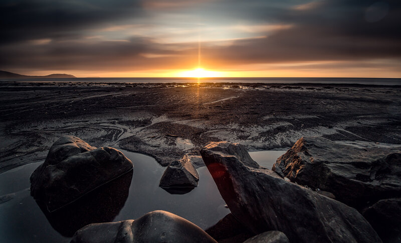 Rocks on Beach at Sunset — Orange, Dramatic, Photograph, Sun, Sky