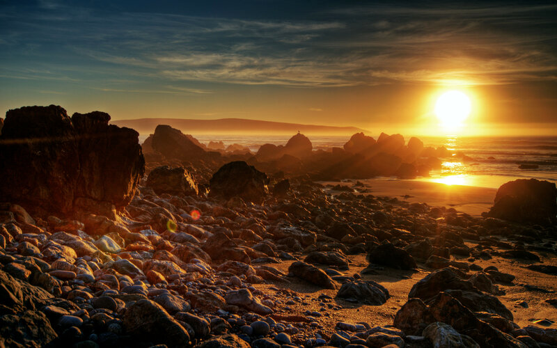 Rocks on Beach at Sunset — Orange, Dramatic, Photograph, Sun