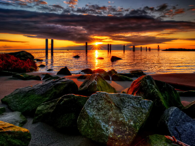 Rocks on Beach at Sunset — Orange, Dramatic, Photograph, Sun, Water