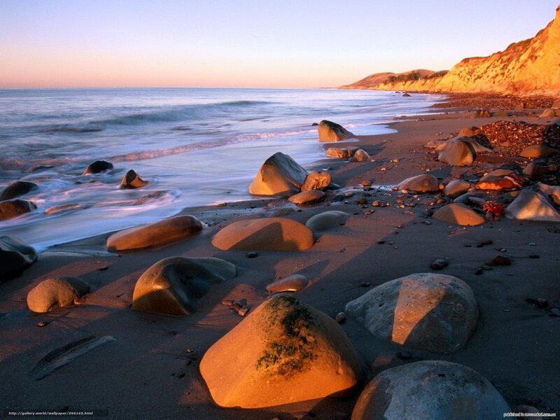 Rocks on Beach at Sunset — Orange, Serene, Photograph, Ocean, Cliffs