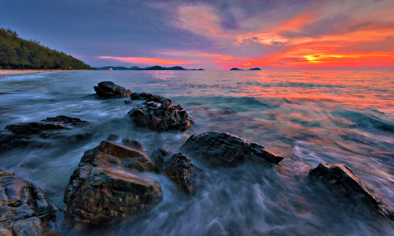 Rocks on Beach at Sunset — Orange, Serene, Photograph, Ocean, Sky, Islands