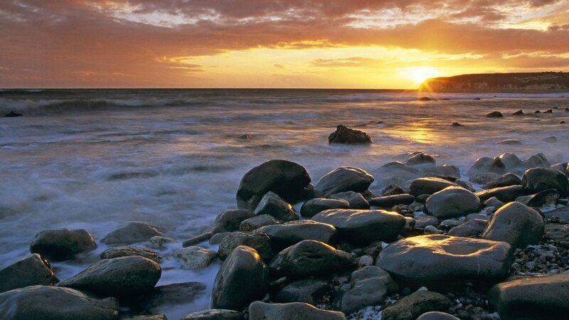 Rocks on Beach at Sunset — Orange, Serene, Photograph, Ocean, Sky, Sun, Yellow