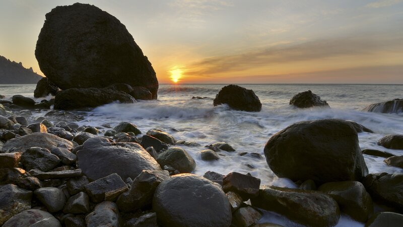 Rocks on Beach at Sunset — Orange, Serene, Photograph, Ocean, Sun, Sky, Waves