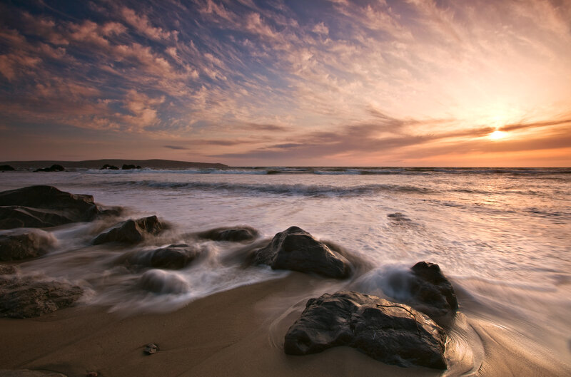 Rocks on Beach at Sunset — Orange, Serene, Photograph, Ocean