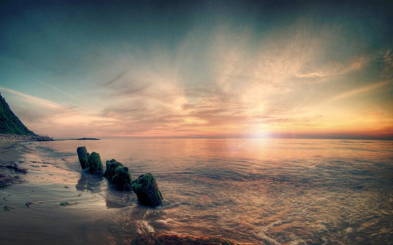 Rocks on Beach at Sunset — Orange, Serene, Photograph, Sea, Sky, Mountain