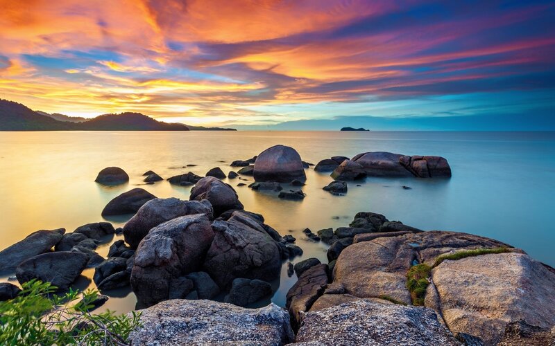 Rocks on Beach at Sunset — Orange, Serene, Photograph, Sky