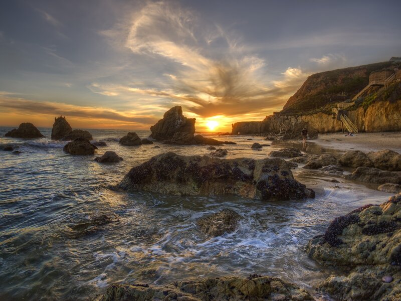 Rocks on Beach at Sunset — Orange, Serene, Photograph, Sun, Ocean, Cliff