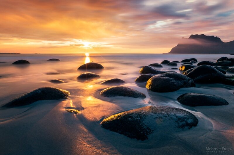 Rocks on Beach at Sunset — Orange, Serene, Photograph, Sun, Sea, Mountain